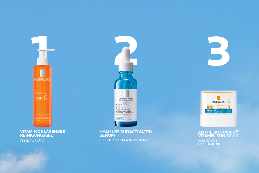 La Roche-Posay Anthelios UV Air Stick LSF 50+ mit Text 'Sofortiger Glow, strahlende Haut, einfaches Auftragen auch unterwegs'.
